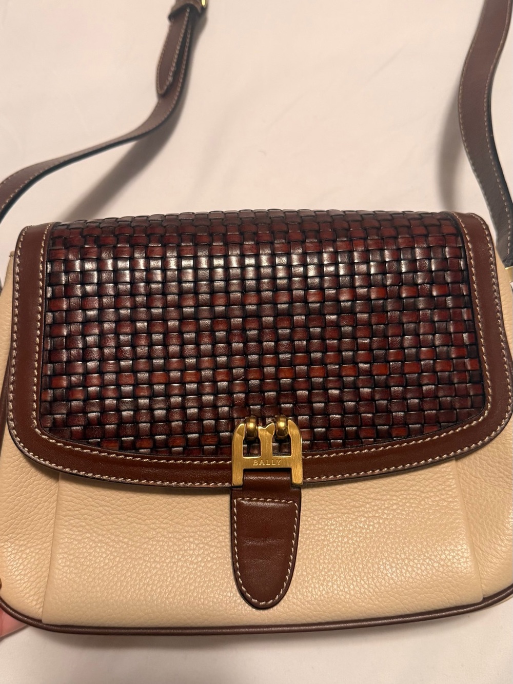 Bally Two-Tone Woven Leather Crossbody in Brown and Cream